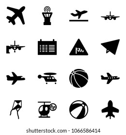 Solid vector icon set - plane vector, airport tower, departure, boarding passengers, schedule, side wind road sign, paper fly, helicopter, ball, kite, toy, beach