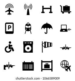 Solid Vector Icon Set - Plane Radar Vector, Antenna, Vip Zone, Baggage, Parking Sign, Train, Insurance, Notebook Connect, Disabled, Side Wind, Boarding Passengers, Schedule, Room, Globe