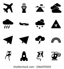 Solid vector icon set - plane vector, airport tower, runway, clouds, storm, small, snowfall, road sign, paper fly, rainbow, kite, rocket, helicopter toy
