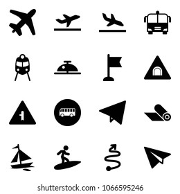 Solid vector icon set - plane vector, departure, arrival, airport bus, train, client bell, flag, tunnel road sign, intersection, paper fly, mat, sail boat, surfing, trip