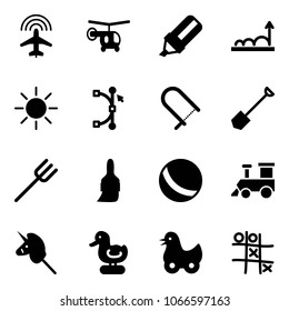 Solid vector icon set - plane radar vector, helicopter, highlight marker, growth, sun, bezier, fretsaw, shovel, farm fork, brush, ball, toy train, unicorn stick, duck, Tic tac toe
