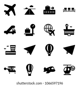 Solid vector icon set - plane vector, runway, baggage, waiting area, trap truck, scales, globe, airport building, paper, air balloon, fly, helicopter, toy