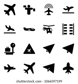 Solid vector icon set - plane vector, traffic controller, radar, departure, arrival, small, helicopter, seats, baggage scales, airport road sign, paper, fly, toy