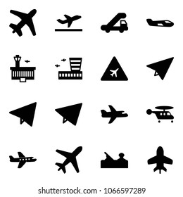 Solid vector icon set - plane vector, departure, trap truck, small, airport building, road sign, paper, fly, helicopter, jointer, toy