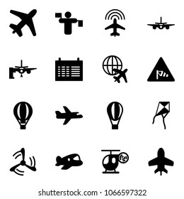 Solid vector icon set - plane vector, traffic controller, radar, boarding passengers, schedule, globe, side wind road sign, air balloon, kite, mill, toy, helicopter