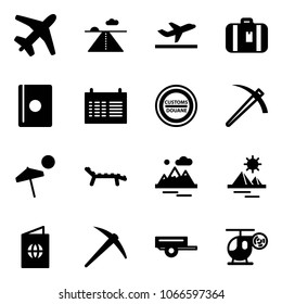 Solid vector icon set - plane vector, runway, departure, suitcase, passport, schedule, customs road sign, job, beach, lounger, mountains, pyramid, axe, trailer, helicopter toy