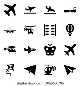 Solid vector icon set - plane vector, departure, arrival, baggage truck, helicopter, seats, air balloon, butterfly, kite, paper, toy