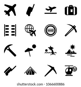 Solid vector icon set - plane vector, suitcase, departure, seats, globe, customs road sign, job, rock axe, beach, palm, pyramid, tent, helicopter toy