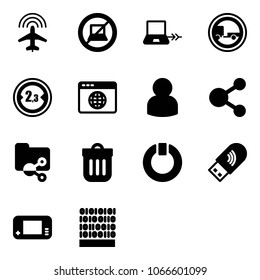 Solid vector icon set - plane radar vector, no computer sign, notebook connect, trailer road, limited width, browser globe, user, share, shared folder, trash bin, standby, usb wi fi, game console