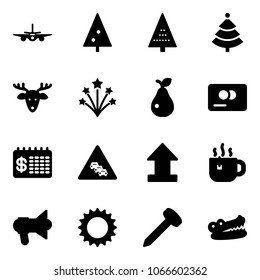Solid vector icon set - plane vector, christmas tree, deer, firework, pear, credit card, finance calendar, multi lane traffic road sign, uplooad, hot tea, megaphone, sun, nail, crocodile