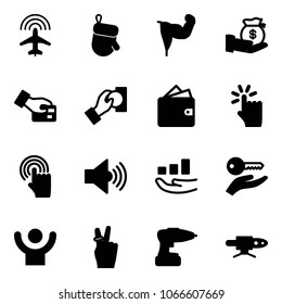 Solid vector icon set - plane radar vector, christmas glove, power hand, investment, card pay, cash, wallet, touch, cursor, volume max, growth, key, success, victory, drill, pipe welding