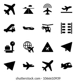 Solid vector icon set - plane vector, runway, radar, departure, trap truck, small, helicopter, seats, baggage scales, globe, airport road sign, paper fly, toy