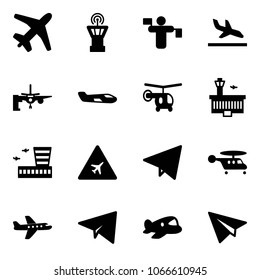 Solid vector icon set - plane vector, airport tower, traffic controller, arrival, boarding passengers, small, helicopter, building, road sign, paper fly, toy
