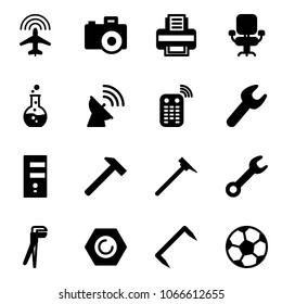 Solid vector icon set - plane radar vector, camera, printer, office chair, round flask, satellite antenna, remote control, wrench, server, hammer, mason, plumber, nut, staple, soccer ball
