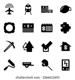 Solid vector icon set - plane radar vector, train, hospital building, lemon, currency, dollar, finance calendar, puzzle, job, arrow up, check, home, paint roller, trailer, horse stick toy