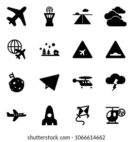 Solid vector icon set - plane vector, airport tower, runway, clouds, globe, christmas landscape, road sign, artificial unevenness, moon flag, paper fly, helicopter, storm, rocket, kite, toy