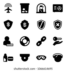 Solid vector icon set - plane radar vector, trash, officer window, safe, shield, cross, user password, lifebuoy, link, key hand, uv cream, surveillance camera, protective glasses, protect glass