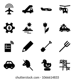 Solid vector icon set - plane radar vector, trap truck, small, helicopter, money managemet, pyramid, tulip, car baggage, server wireless, pencil, shovel, farm fork, toy unicorn stick, duck