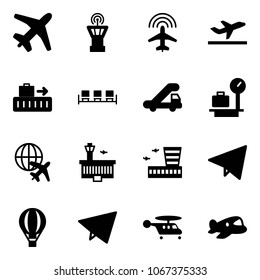Solid vector icon set - plane vector, airport tower, radar, departure, baggage, waiting area, trap truck, scales, globe, building, paper fly, air balloon, helicopter, toy