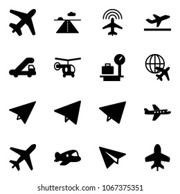 Solid vector icon set - plane vector, runway, radar, departure, trap truck, helicopter, baggage scales, globe, paper, fly, toy
