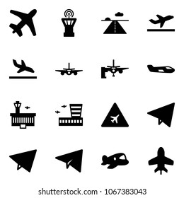 Solid vector icon set - plane vector, airport tower, runway, departure, arrival, boarding passengers, small, building, road sign, paper fly, toy