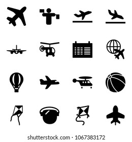 Solid vector icon set - plane vector, traffic controller, departure, arrival, helicopter, schedule, globe, air balloon, ball, kite, protect glass, toy