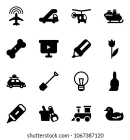 Solid vector icon set - plane radar vector, trap truck, helicopter, santa sleigh, broken bone, presentation board, highlight marker, tulip, car baggage, shovel, bulb, brush, bucket, toy train, duck