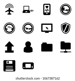 Solid vector icon set - plane radar vector, notebook connect, mobile heart monitor, no trailer road sign, limited distance, cart horse, cursor, shield, uplooad, user, folder, network, save