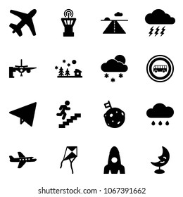 Solid vector icon set - plane vector, airport tower, runway, storm, boarding passengers, christmas landscape, snowfall, no bus road sign, paper fly, career, moon flag, rain cloud, kite, rocket, lamp