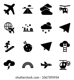 Solid vector icon set - plane vector, runway, clouds, helicopter, globe, christmas landscape, snowfall, paper fly, career, moon flag, cloud ladder, storm, rainbow, toy