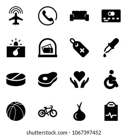 Solid vector icon set - plane radar vector, phone, vip waiting area, credit card, terrorism, medical label, pipette, pill, meat, heart care, disabled, basketball ball, bike, onion, pulse clipboard