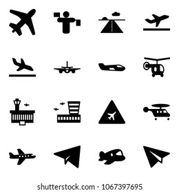 Solid vector icon set - plane vector, traffic controller, runway, departure, arrival, small, helicopter, airport building, road sign, paper, toy