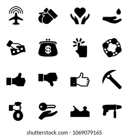 Solid vector icon set - plane radar vector, gloves, heart care, drop hand, cash pay, purse, touch, friends, like, dislike, finger up, rock axe, rich, key, jointer, drill machine