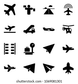 Solid vector icon set - plane vector, traffic controller, runway, radar, departure, trap truck, small, helicopter, seats, baggage scales, paper, toy
