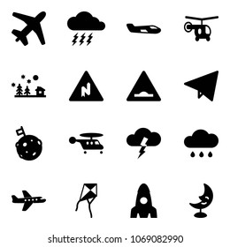 Solid vector icon set - plane vector, storm, small, helicopter, christmas landscape, abrupt turn right road sign, artificial unevenness, paper fly, moon flag, rain cloud, kite, rocket, lamp