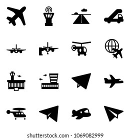 Solid vector icon set - plane vector, airport tower, runway, trap truck, boarding passengers, helicopter, globe, building, paper fly, toy