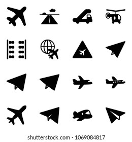 Solid vector icon set - plane vector, runway, trap truck, helicopter, seats, globe, airport road sign, paper, fly, toy
