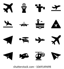 Solid vector icon set - plane vector, airport tower, traffic controller, departure, arrival, building, road sign, paper fly, helicopter, toy
