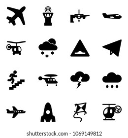 Solid vector icon set - plane vector, airport tower, boarding passengers, small, helicopter, snowfall, artificial unevenness road sign, paper fly, career, storm, rain cloud, rocket, kite, toy