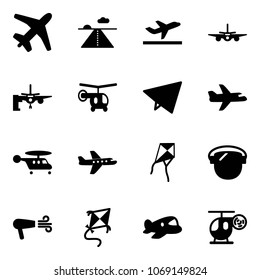 Solid vector icon set - plane vector, runway, departure, boarding passengers, helicopter, paper fly, kite, protect glass, dryer, toy