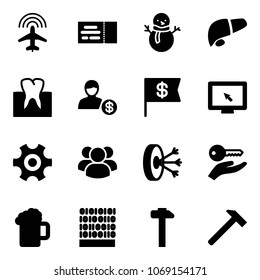 Solid vector icon set - plane radar vector, ticket, snowman, liver, tooth, account, dollar flag, monitor cursor, gear, group, solution, key hand, beer, binary code, hammer