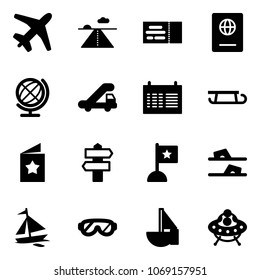Solid vector icon set - plane vector, runway, ticket, passport, globe, trap truck, schedule, sleigh, star postcard, signpost, flag, flip flops, sail boat, protective glasses, sailboat toy, ufo