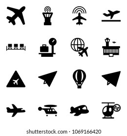 Solid vector icon set - plane vector, airport tower, radar, departure, waiting area, baggage scales, globe, building, road sign, paper, air balloon, fly, helicopter, toy
