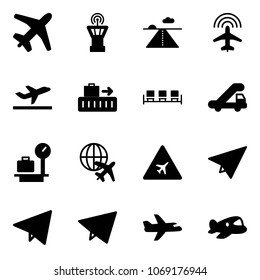 Solid vector icon set - plane vector, airport tower, runway, radar, departure, baggage, waiting area, trap truck, scales, globe, road sign, paper, fly, toy