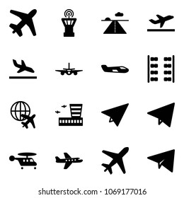 Solid vector icon set - plane vector, airport tower, runway, departure, arrival, small, seats, globe, building, paper, fly, helicopter