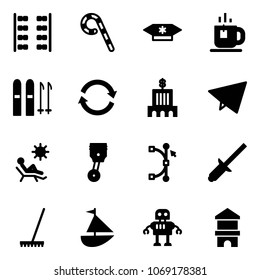 Solid vector icon set - plane seats vector, lollipop, candy, tea, ski, refresh, bank building, paper fly, beach, piston, bezier, clinch, rake, sailboat toy, robot, block house