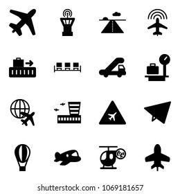 Solid vector icon set - plane vector, airport tower, runway, radar, baggage, waiting area, trap truck, scales, globe, building, road sign, paper fly, air balloon, toy, helicopter