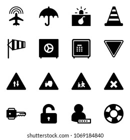 Solid vector icon set - plane radar vector, insurance, terrorism, road cone, side wind, safe, giving way sign, oncoming traffic, tractor, children, railway intersection, key, unlocked, user password