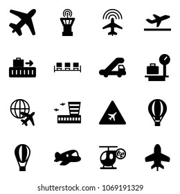 Solid vector icon set - plane vector, airport tower, radar, departure, baggage, waiting area, trap truck, scales, globe, building, road sign, air balloon, toy, helicopter