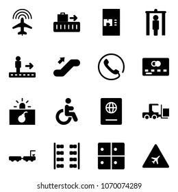 Solid vector icon set - plane radar vector, baggage, coffee machine, metal detector gate, travolator, escalator up, phone, credit card, terrorism, disabled, passport, fork loader, truck, seats, room